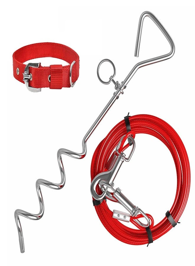 Pups&Pets طوق قابل للتعديل للكلاب من Pups&Pets، مع سلك ربط ووتد | وتد حلزوني متين مع مقود سلكي قوي بطول 16 قدمًا للتخييم والحديقة | وتد مع سلك ربط وحزام للكلاب المتوسطة والكبيرة حتى وزن 125 رطلاً - Image 1